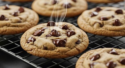 Warm, freshly baked chocolate chip cookies with melting chips steaming as they cool on a black wire rack.