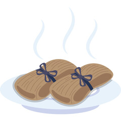 Two Hot Steaming Tamales Wrapped in Corn Husks Tied with Blue Ribbons on a White Plate with Steam Rising in a Simple Illustration