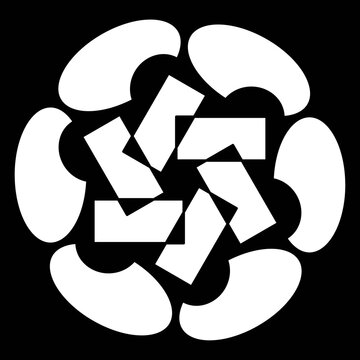 White geometric floral mandala on black background.