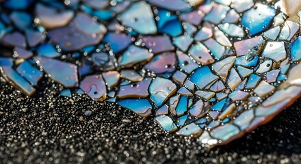 A close-up macro shot of iridescent shell fragments creating a colorful mosaic on a dark, sandy surface.