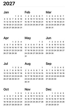2027 Calendar: A sleek and minimalist calendar showcases the entire year, providing a clear and organized view of the upcoming months, perfect for planning and scheduling.