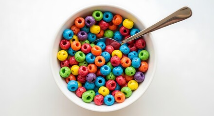 A top-down view of a white bowl filled with colorful, ring-shaped breakfast cereal and a spoon on a white background.