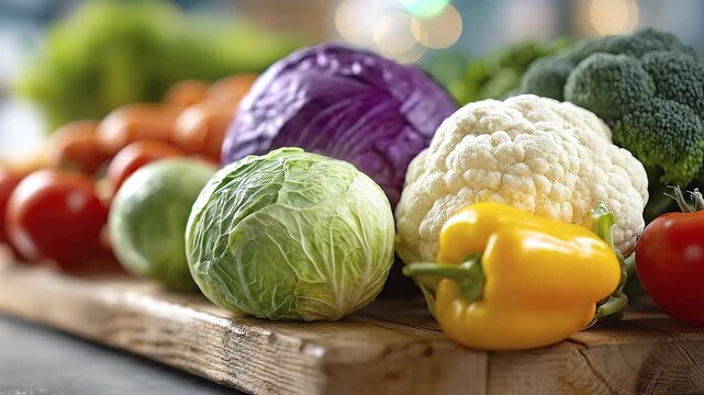 Fresh vegetables including tomatoes cabbages cauliflower broccoli bell pepper and carrots displayed on a wooden surface