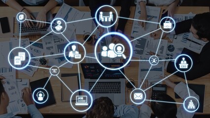 Job search icons show recruitment, HR management, and employee career growth. Job search helps...