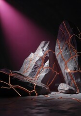 Surreal crystalline rock formations with embedded radiant patterns