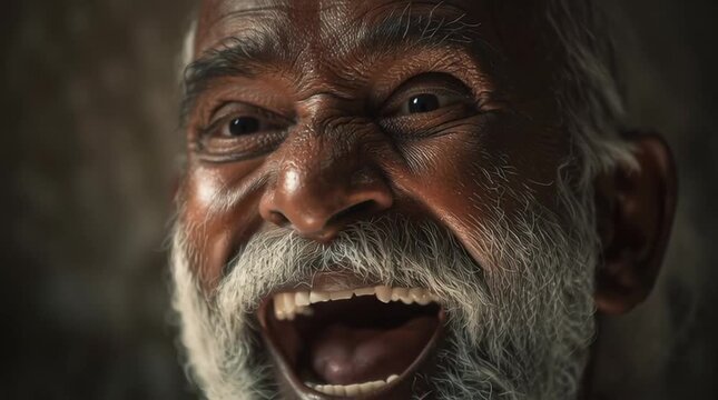 Authentic portrait of elderly man laughing heartily with deep wrinkles showing joy