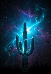 Surreal desert landscape with a saguaro cactus against a vibrant nebula