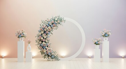 Elegant floral arrangement framing circle against soft gradient background