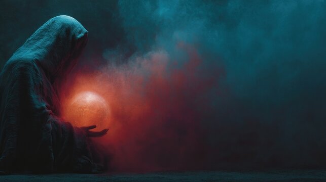 Mysterious figure in dark robes holding a glowing orb amidst ethereal smoke and darkness