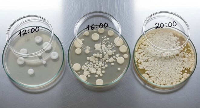 Time-lapse sequence showing the exponential growth of microbial colonies in three petri dishes over several hours.
