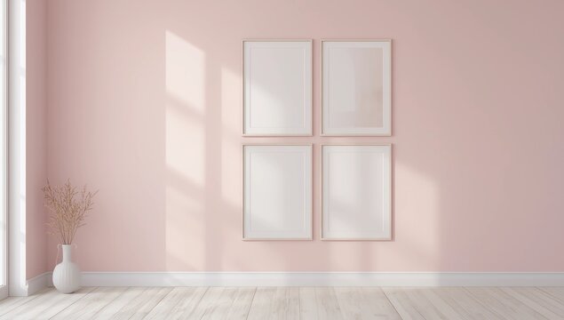 Four 10x10 White Frames Mockup. Four White Frames on a pink wall.