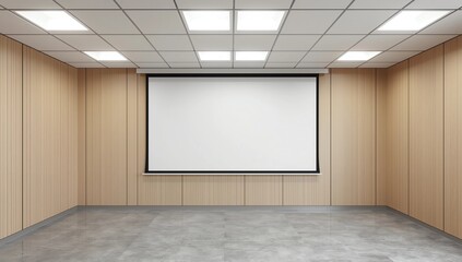 Front view of lecture room with empty white projector screen