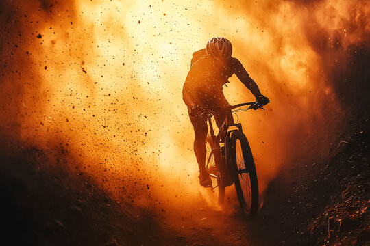 Professional cyclist performing on mountain trail with dust and sunlight. Extreme faceless mountain biker riding through. Sport, adventure lifestyle, energy, endurance, freedom, nature outdoor fitness - Powered by Adobe