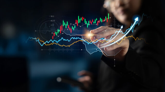 A business professional uses digital analytics to analyze market trends with vibrant charts and graphs, highlighting growth opportunities in a corporate setting. Scalp - Powered by Adobe