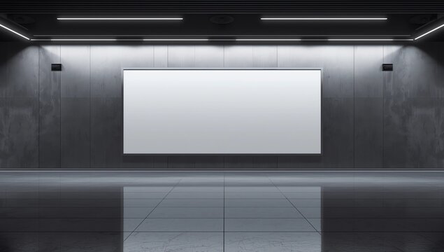 Front view on blank white banner with place for your logo or text in empty subway area with light grey floor and rails. 3D rendering, mock up 