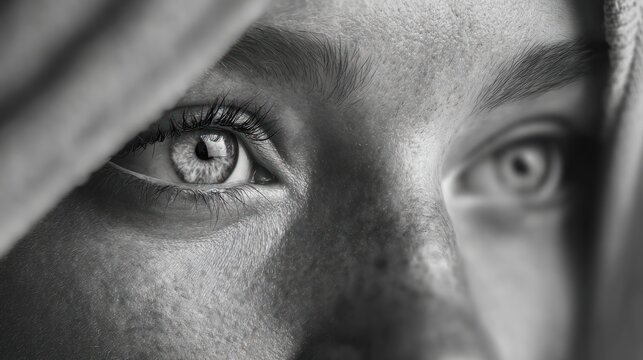 Intense monochrome close-up of a person's face, focusing on their eyes - Powered by Adobe