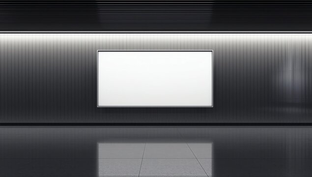Front view on blank white banner with place for your logo or text in empty subway area with light grey floor and rails. 3D rendering, mock up 