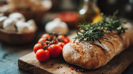 Artisanal bread and fresh ingredients arrangement on rustic wooden surface