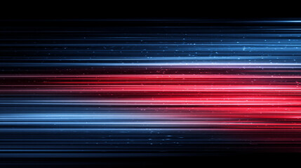 Futuristic abstract background with rotational border lines and high speed red and blue light trails forming horizontal motion rays that suggest advanced technology energy velocity and digital movemen