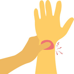 Yellow Arm Hand Wrist Pain Discomfort Red Swollen Area Gentle Massage Therapy With Small Red Jagged Lines Indicating Painful Sensation Simple Flat Illustration Isolated Transparent Background Medical