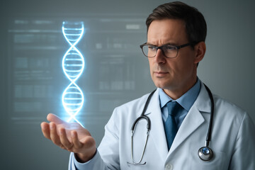 AI generated doctor holding a glowing DNA hologram with a futuristic genome sequencing interface in the background, symbolizing medical technology, genetics, and innovation in healthcare.