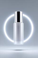 Tall frosted glass dropper bottle with a chrome cap, centered inside a bright white neon ring. Conveys minimalist luxury, high-end serum, and modern clean aesthetics. Excellent for facial oil.