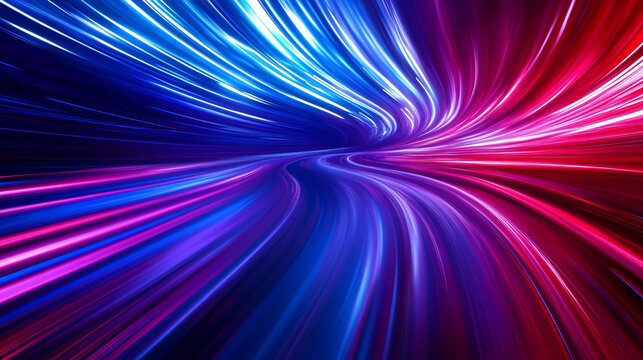 Futuristic abstract background with rotational border lines and high speed red and blue light trails forming horizontal motion rays that suggest advanced technology energy velocity and digital movemen