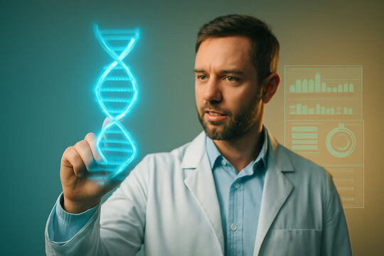 AI generated scientist working with a holographic RNA chain, representing transcriptomics. The scientist interacts with a glowing RNA structure, set in a futuristic research environment.