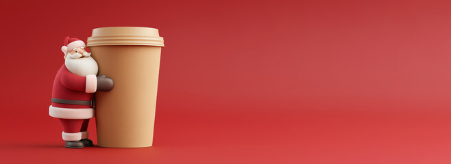 Toy Santa hugging giant coffee cup on vibrant red background for Christmas cafe, beverage marketing, coffeehouse advertising and festive retail promotions spreading warmth, joy and holiday spirit