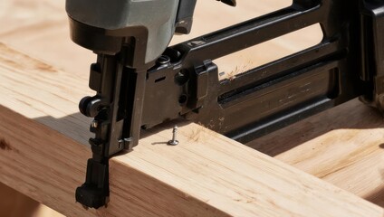 Close-up of a pneumatic nail gun driving a nail into wooden planks.