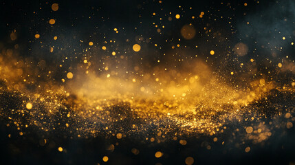 Abstract gradient particle background with glowing yellow light over retro gold and black grunge texture, distressed film effect, subtle grain noise creating a vintage cinematic and artistic digital b