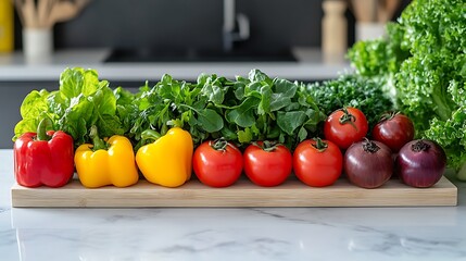 Fresh vibrant vegetables on marble kitchen counter offer healthy eating inspiration for wellness blogs and restaurant promotions, showcasing natural colors