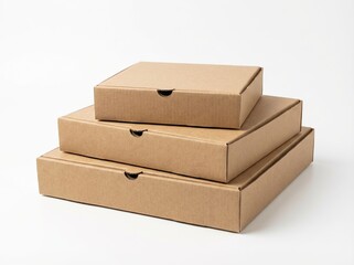 Stack of three brown cardboard boxes on a white background