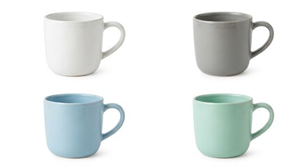 Four ceramic mugs in various pastel colors on a white background