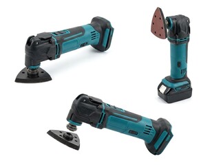 Cordless oscillating multi-tool with sanding accessory on a white background