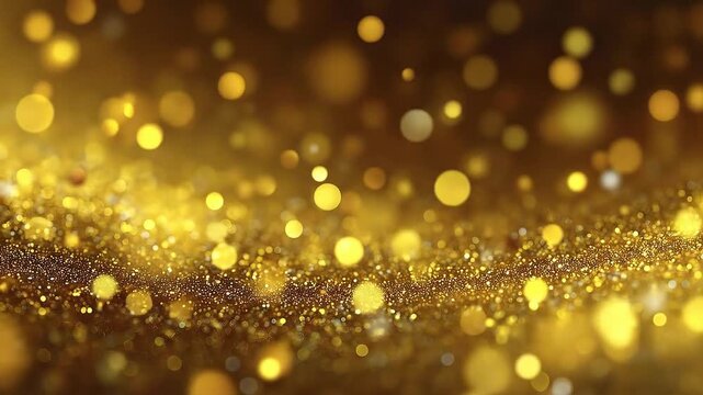 Gleaming gold particles blur with bokeh lights forming a bright abstract pattern