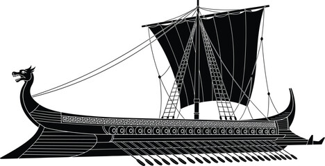 Detailed illustration of an ancient warship with dragon figurehead, large sail, oars and decorative patterns, historical maritime vessel graphic design