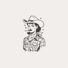 Vintage Cowboy Woman Smoking Cigarette, Western Cowgirl Illustration, Retro Rodeo Lady Vector Art, Old West Female Character, Rustic Western Logo & T-Shirt Design Clipart