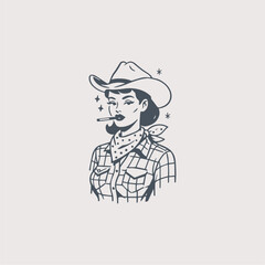 Vintage Cowboy Woman Smoking Cigarette, Western Cowgirl Illustration, Retro Rodeo Lady Vector Art, Old West Female Character, Rustic Western Logo & T-Shirt Design Clipart