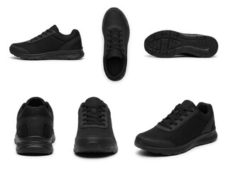 A black athletic sneaker is displayed from multiple angles on a white background