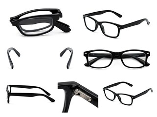 Black foldable reading glasses in various angles on a white background