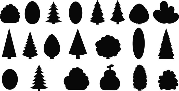 Collection of simple tree and bush silhouettes in various shapes, minimalist nature icons for forest design, landscape elements and botanical graphics