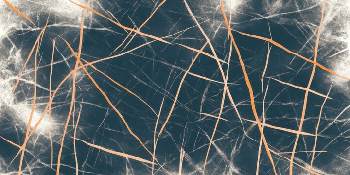 Abstract texture with intersecting orange and blue lines on dark background, creating chaotic grunge pattern for modern design concepts.