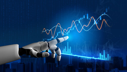 A sleek robot hand points at a vibrant digital graph showcasing data trends in blue and orange, representing the intersection of technology and business analytics. Scalp