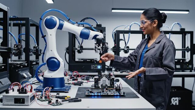An engineer interacts with a robotic arm in a lab surrounded by 3D printers and electronics