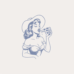 Vintage Retro Woman Eating Pizza, Classic Food Lover Illustration, Retro Girl Snack Vector Art, Vintage Character Clipart, T-Shirt Design & Logo Elements