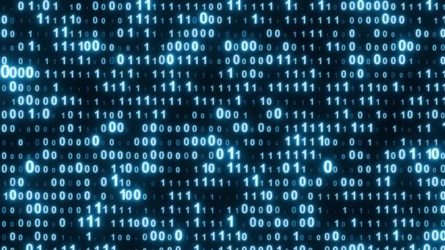 Randomly animated matrix array of binary numbers code changing screen zoom effect. Background for code, programming, technology projects to add digital data effect with camera blur. 