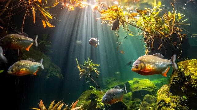 Piranhas swim in aquarium.