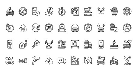 40 set of outline web electric vehicles icons such as no emission, charging station, eco electric, car, charging location, charging station, taxi cab vector thin icons for report, presentation,