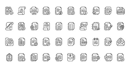 40 set of outline web documentation icons such as parchment, upload, parchment, document, folder, document, checking vector thin icons for report, presentation, diagram, web design, mobile app